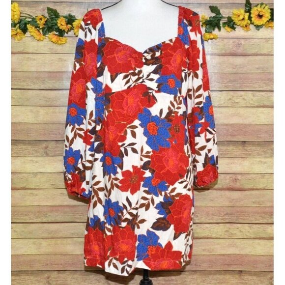 NWT Maurices Ladies L Red Blue Floral Sweetheart Mini Dress Long Sleeve Size L - Picture 1 of 10